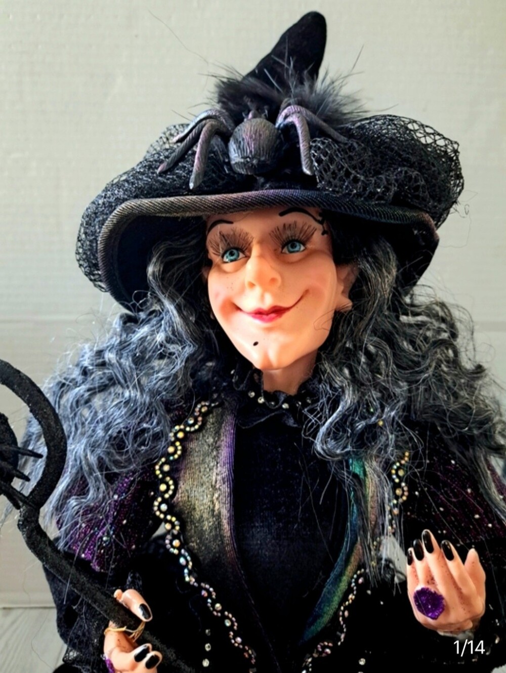 Witch Shelf Sitter Halloween Decor Glamour Purple Velvet Embellished Large 31"